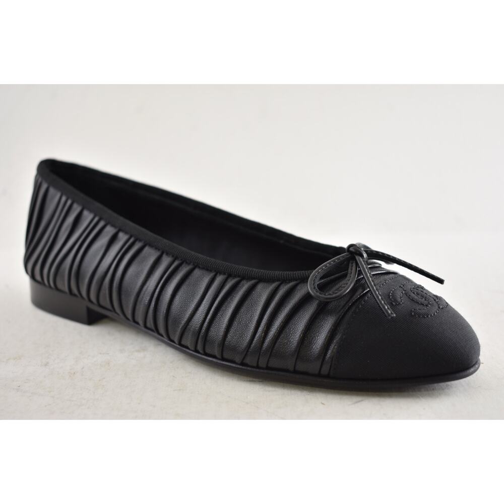 Chanel 26A Black Pleated Lambskin Leather CC Logo Bow Ballet Ballerina Flat 41.5 - Picture 6 of 16